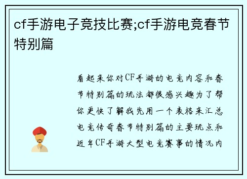 cf手游电子竞技比赛;cf手游电竞春节特别篇